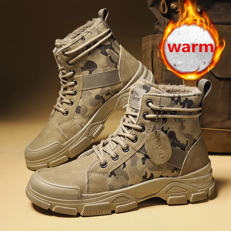 Camouflage Tactical Boots Men | Warm Fur Lined Winter Work Boots | Non-Slip Outdoor Shoes