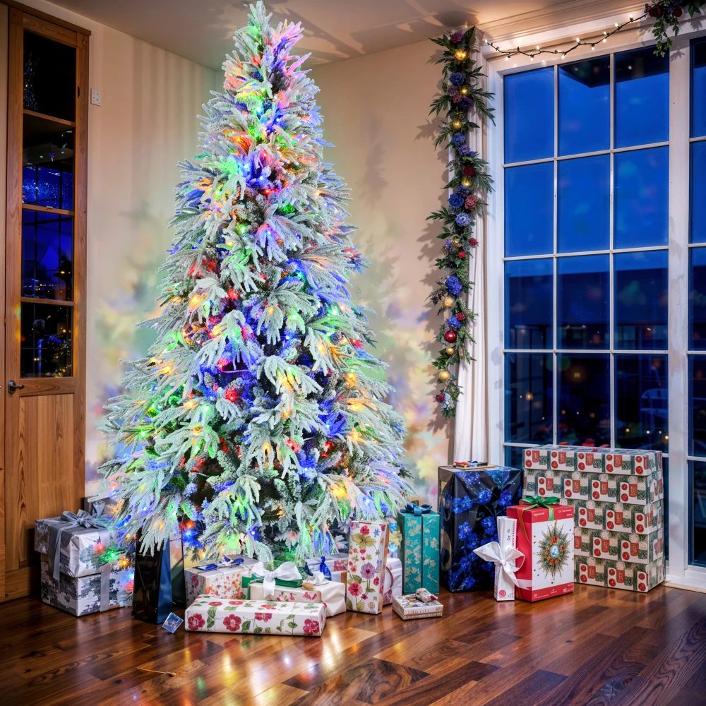 

7.5FT Pre-Lit Snow Flocked Spruce Christmas Tree, 350 Multi-Color LED Lights, 8 Modes, 1389 Snow Tips, Hinged.