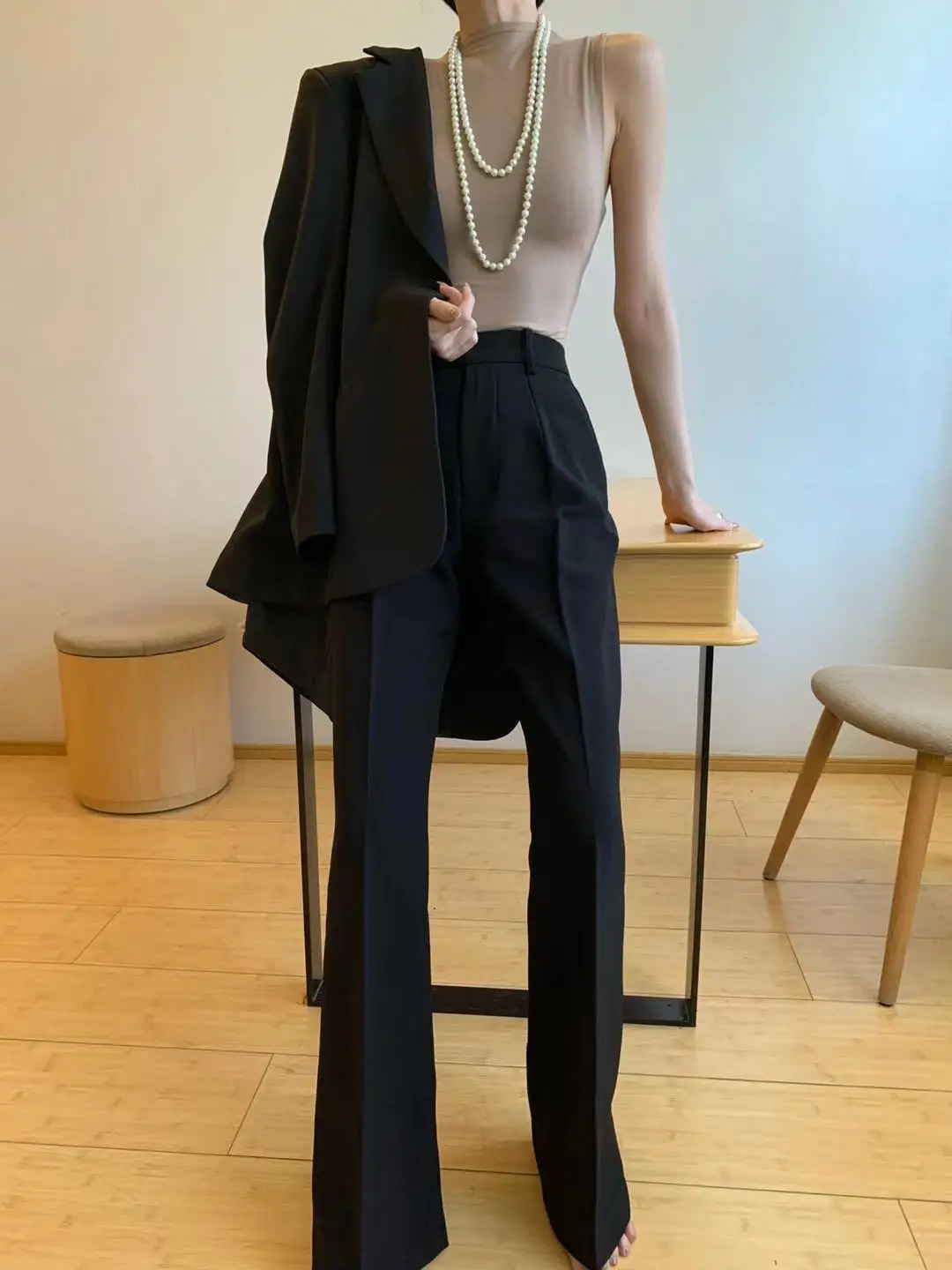 

High Waist Bla Slimming Wide Leg Pants MUZI Tailored Trousers Enhance Leg Lines Briti Sle Polyester Long Pants