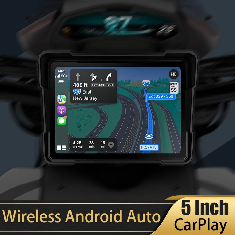 

5Inch Android Auto DVR Wireless Carplay IPS GPS Navigation Bluetooth Dash Cam Front and Rear Camera Full Touch Screen Motorcycle