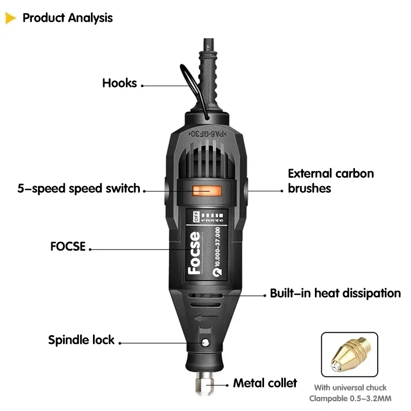 FOCSE 180W Mini Drill Dremel Engraver Rotary Tool Polishing Machine Variable Speed Engraving Grinding Pen With Accessories DIY