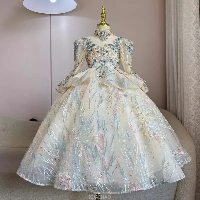 2025 Girls Formal Dress Winter Princess Gown Kids Pageant Party Outfit Flower Girl Wedding Birthday Piano Performance Host Show