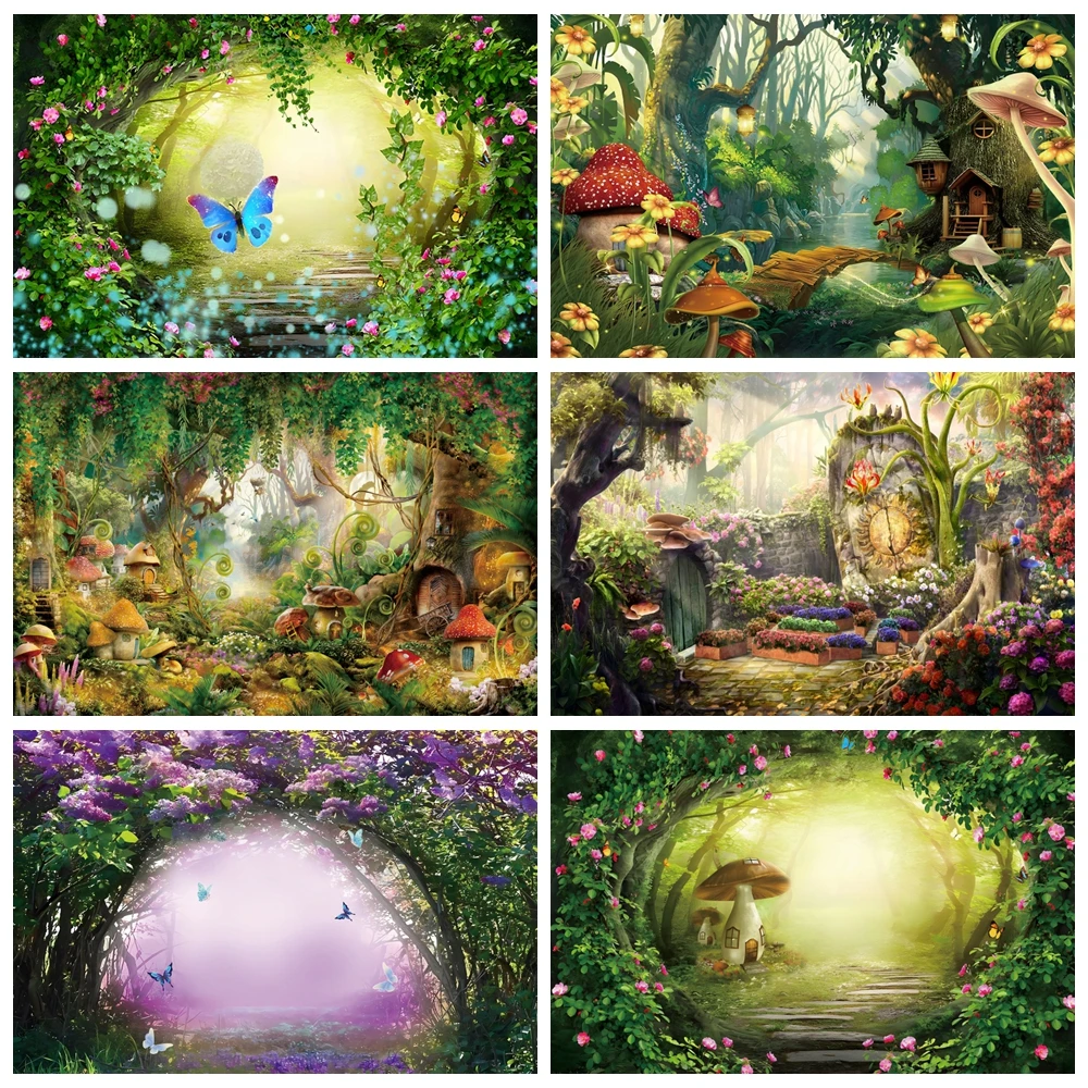 

Spring Enchanted Forest Backdrop Fairy Tale Garden Wonderland Butterfly Wildflower Feet Tree For Children Photography Background