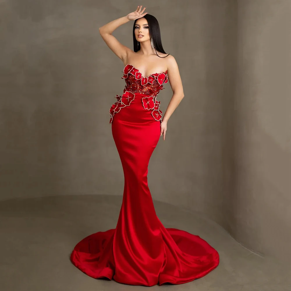 New Arrival Bright Red Evening Dresses 2024 Mermaid Prom Gowns Sweetheart Florals Wedding Party Dresses Beading Sleeveless