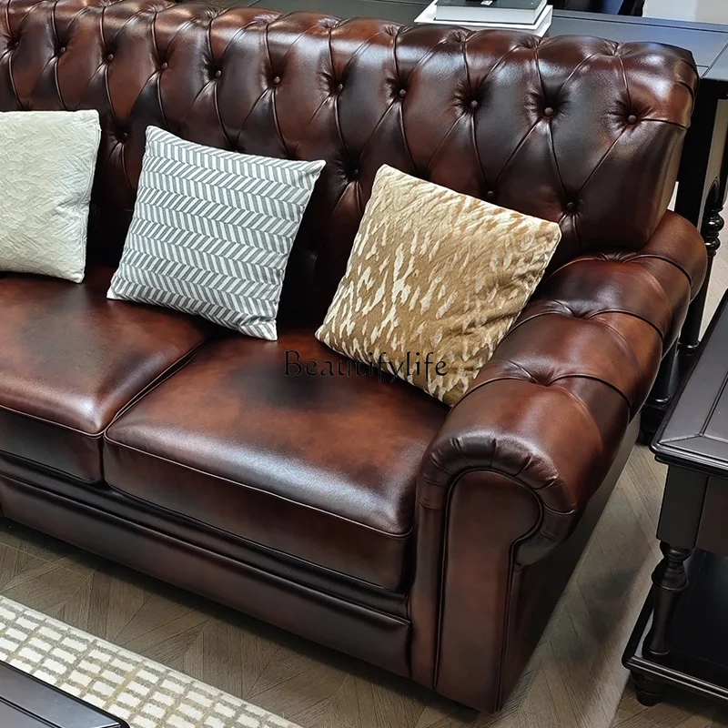 

01American retro four-person straight-row leather sofa small apartment living room three