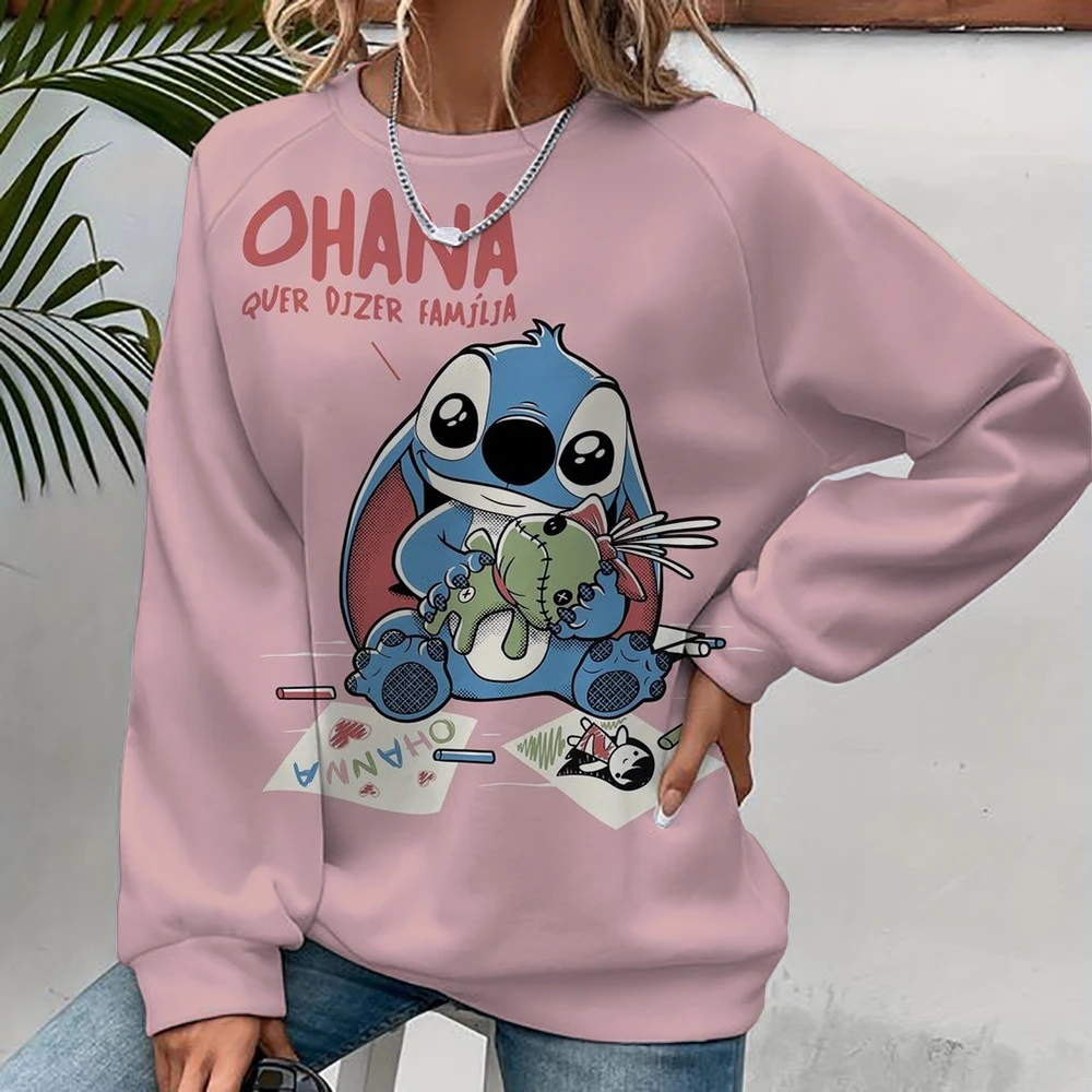 2024 New Cartoon Disney Cute Lilo & Stitch Ladies Sweatshirt Crew Neck Loose Pullover Autumn Fun Print Long Sleeve Top