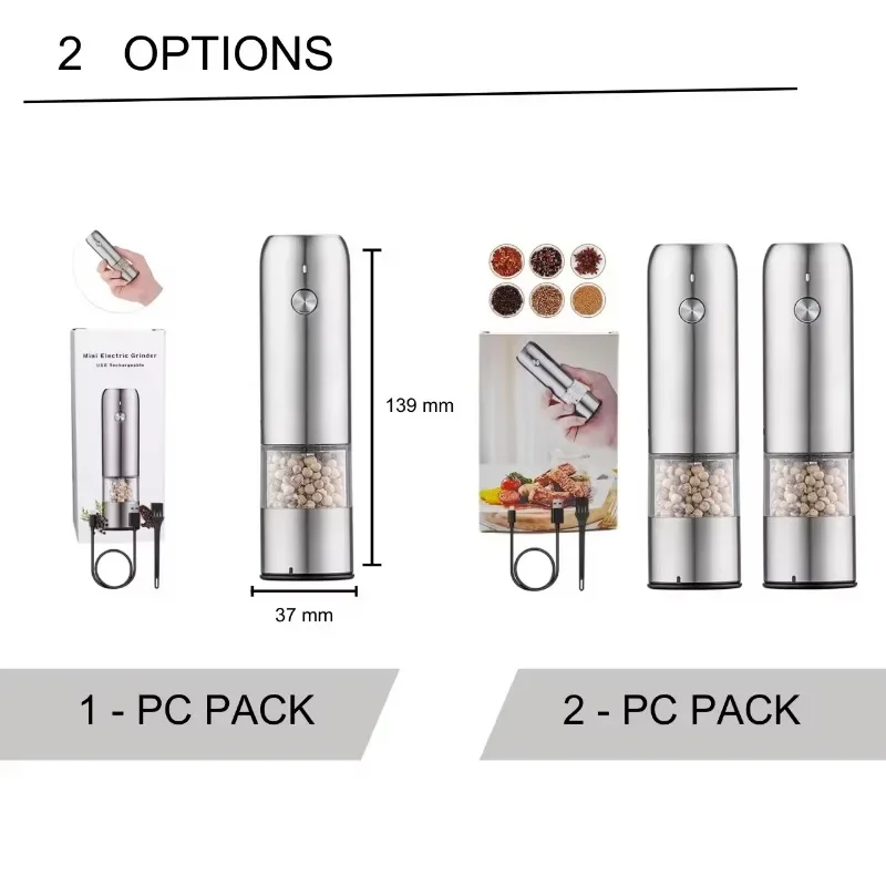 USB Rechargeable Stainless Steel Mini Electric Salt and Pepper Grinder Portable Outdoor Automatic Pepper Grinder Mills