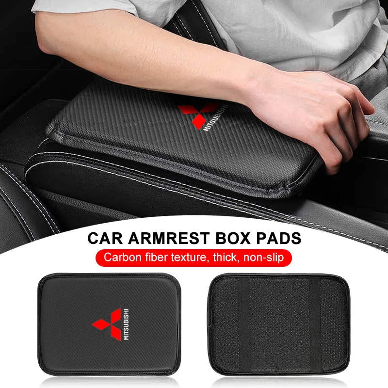1 Peça Almofada de Apoio de Braço para Console de Carro em Couro de Fibra de Carbono com Emblemas para Mitsubishi ASX Lancer 10 Pajero Outlander L200