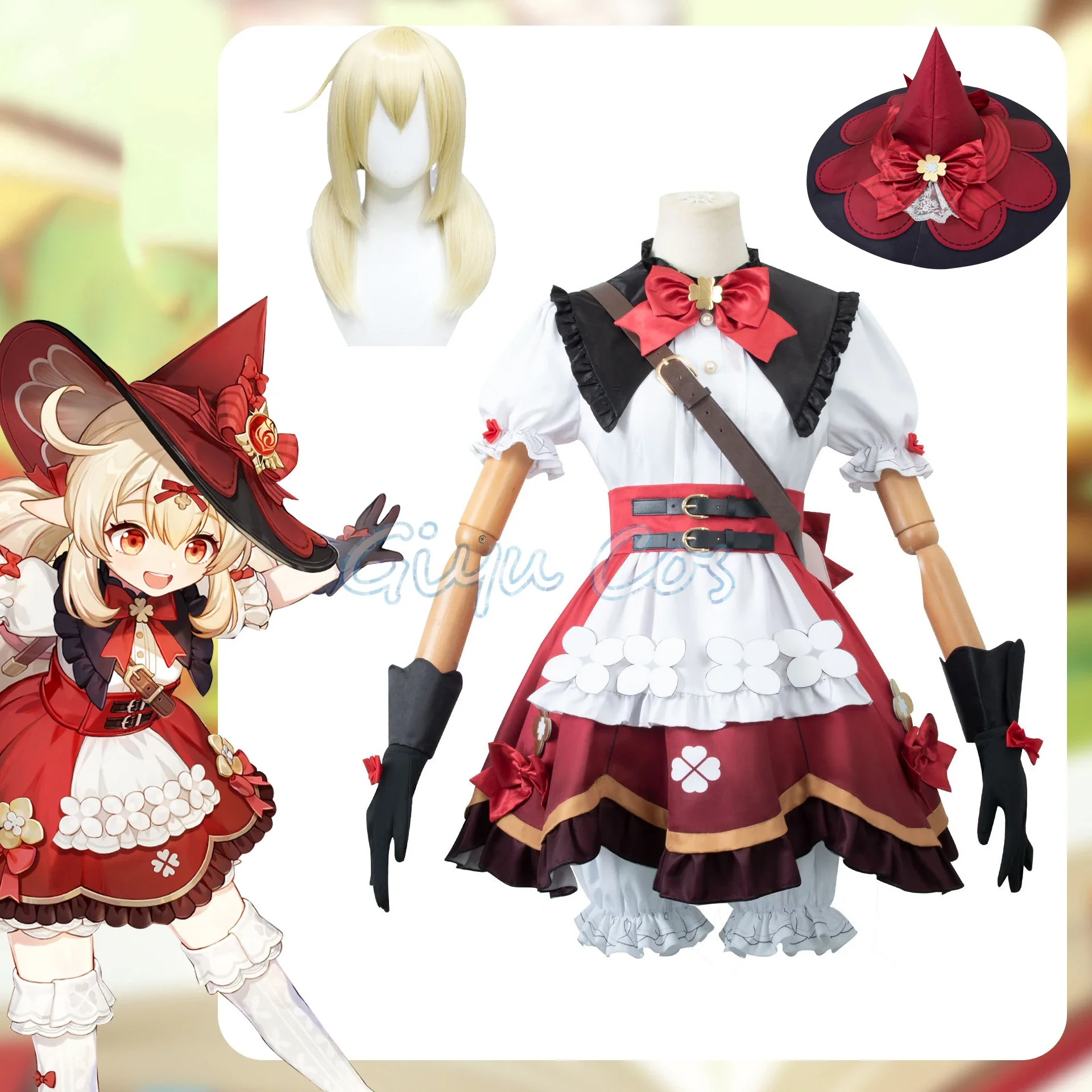 Genshin Impact Klee blühende Sternenlicht Charakter Outfits Cosplay Kostüm Uniform Stoff Perücke Anime Halloween Kostüme für Spiel