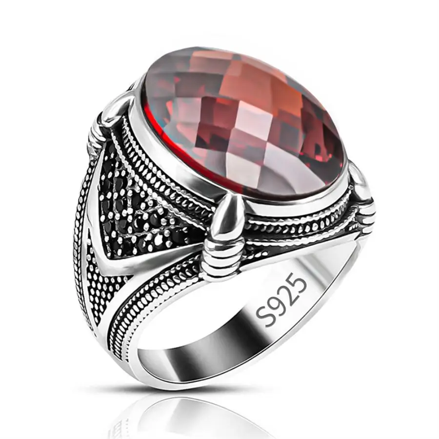 Wholesale Pure 925 Sterling Silver Ring Vintage Turkish Finger Red cz Stone Silver Jewelry Men Ring