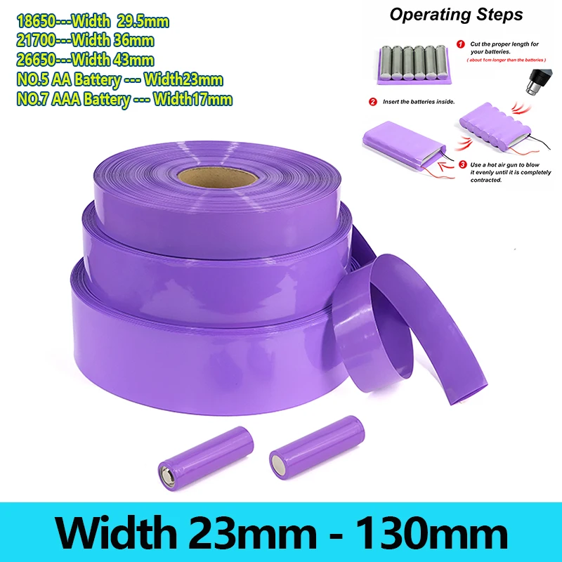 Purple PVC Heat Shrink Tube Width 23mm ~ 130mm Waterproof 18650 Battery Pack Wrap Cable Protect Sleeve Lithium Film Case