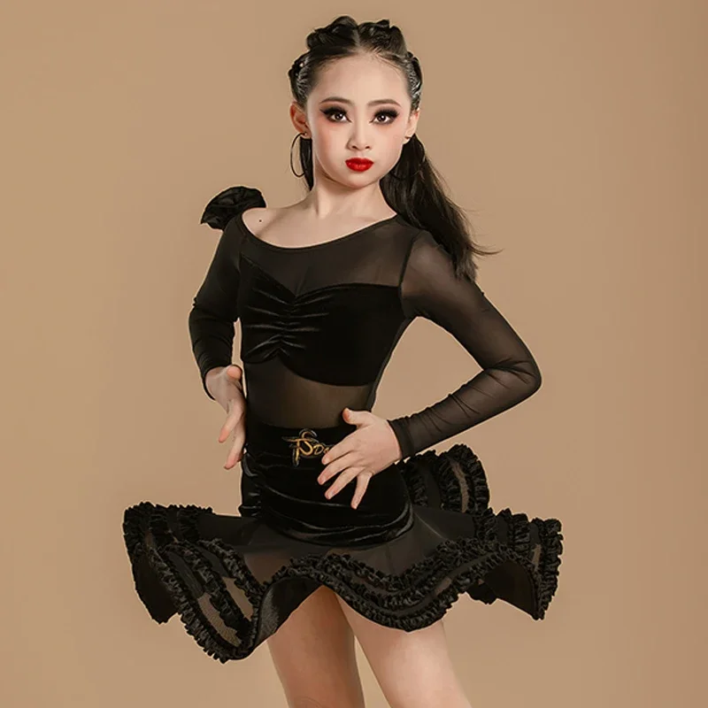 Latin Dance Kleidung Mädchen Schwarz Wettbewerb Kleid Kinder Lange Ärmel Cha Cha Dance Performance Tragen Praxis Kleid Sets