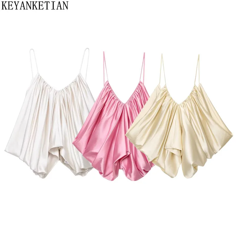 

KEYANKETIAN Summer New Women's Silk Textured Pleated Camisole Vest Sexy Irregular Top for Women