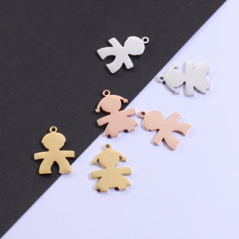 5Pcs/Lot Mirror Polishing Stainless Steel Lovely Boy and Girl Charm Pendants For Making Key Chain Necklace Jewelry Accessories