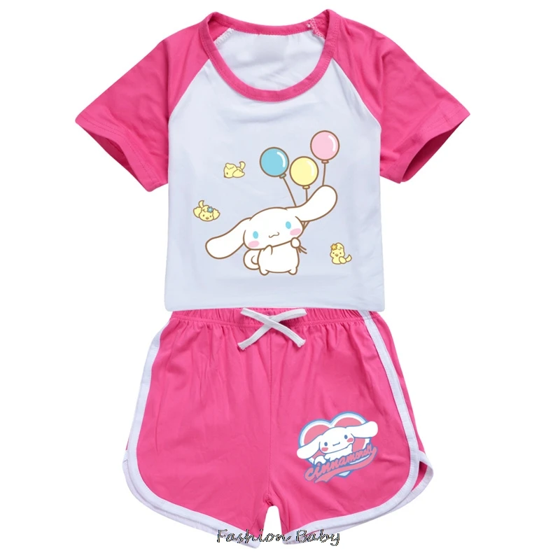 Hot Summer Cotton T Shirt Set Miniso Cinnamoroll Printed Soft Fabric Short Sleeve Set Gym Suit Summer Sport Clothes Girls Gift