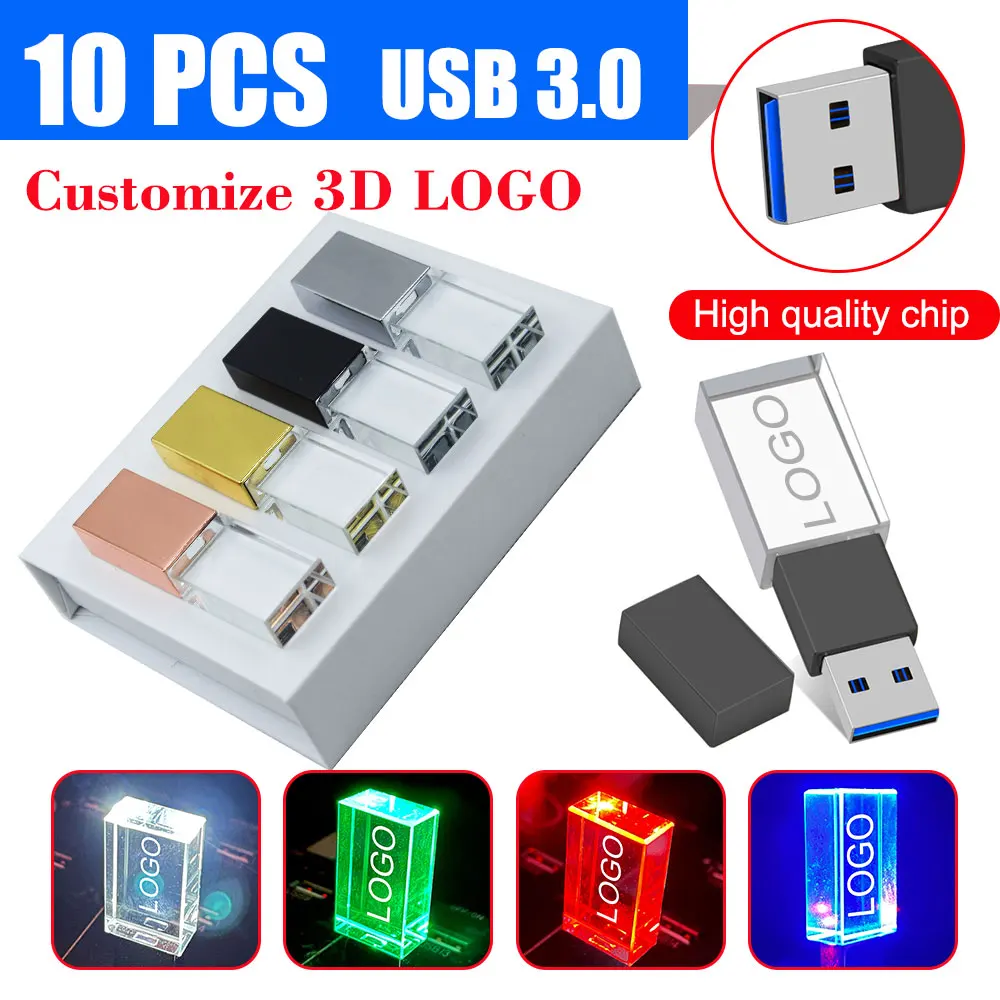 10pcs usb flash pen drive 3.0 With box crystal Internal carving pendrive 4GB 8GB 16GGB 32GB 64GB 128GB transparent glass Gifts