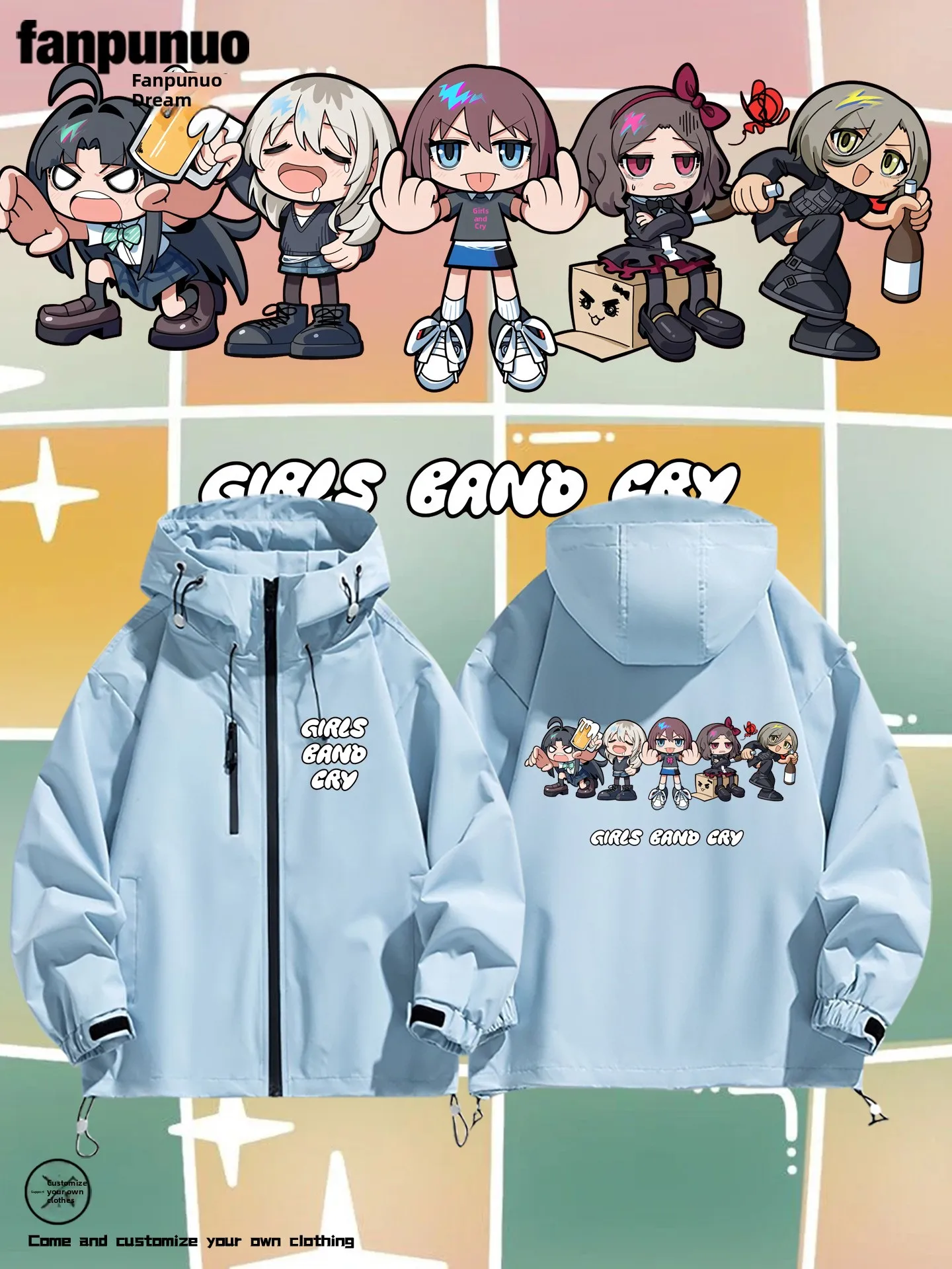 

Casual Cartoon Crng Girl Band Men's Jaet Anti-Wind Long Sve Polyester Fabric Hooded Zipper Closure Universal Fit