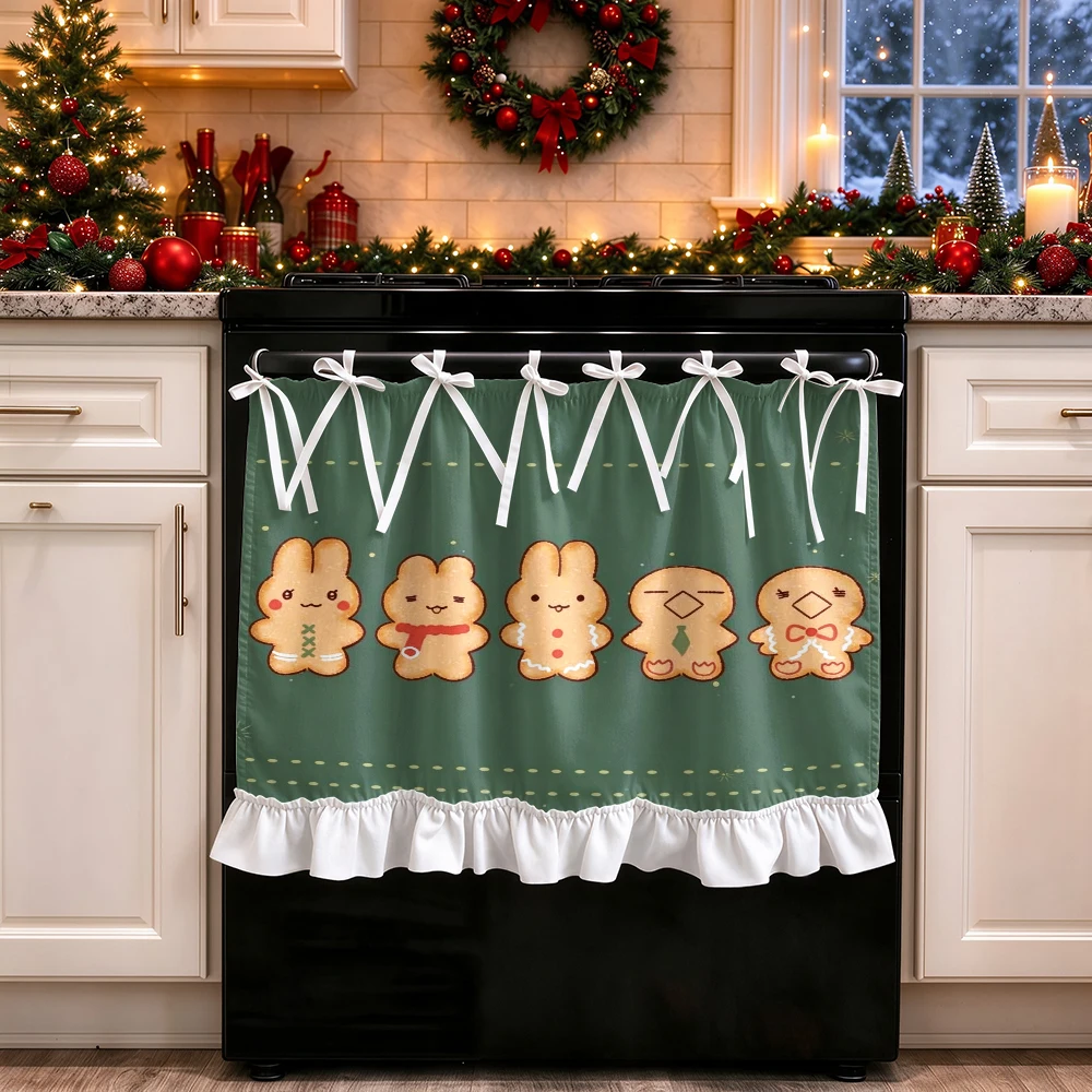 1PC lace up kitchen curtain, ruffled hem, 2D flat Green Cartoon Bunny pattern, cabinet cover curtain, Christmas home decoration