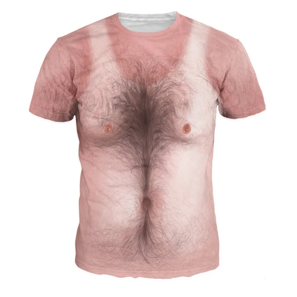 Men Funny Fake Muscle Abs 3D All Over Print T-Shirt Tattoo Dog Tag Necklace Graphic Short Sleeve