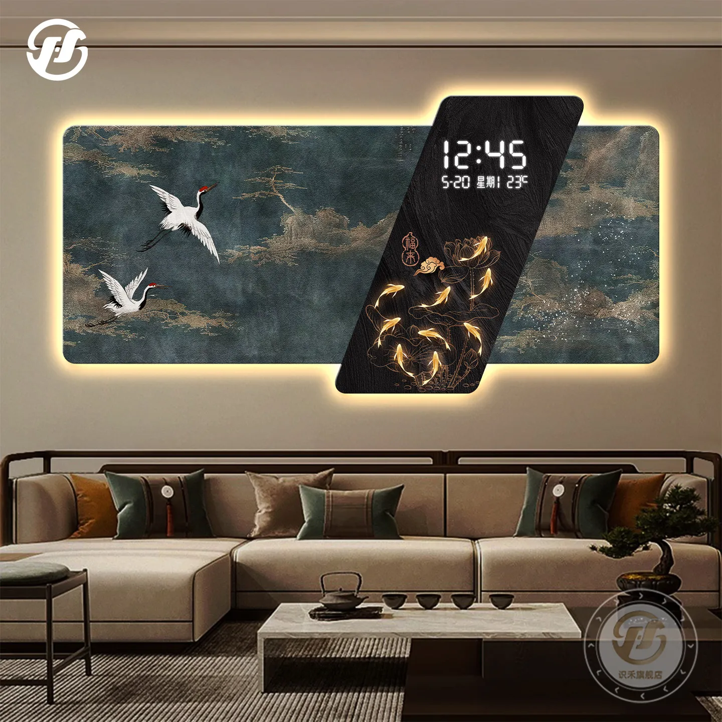 Ancient style crane digital clock hanging painting in the living room sofa, light luxury, high-end feeling, illuminated light pa
