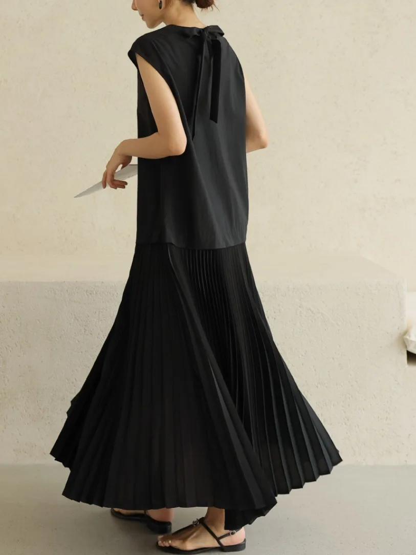 Chic Summer High-End round Neck Back Strap Splicing Pleated Design Vest Dress Women\'s Fashionable Commute Style All-Season Dress