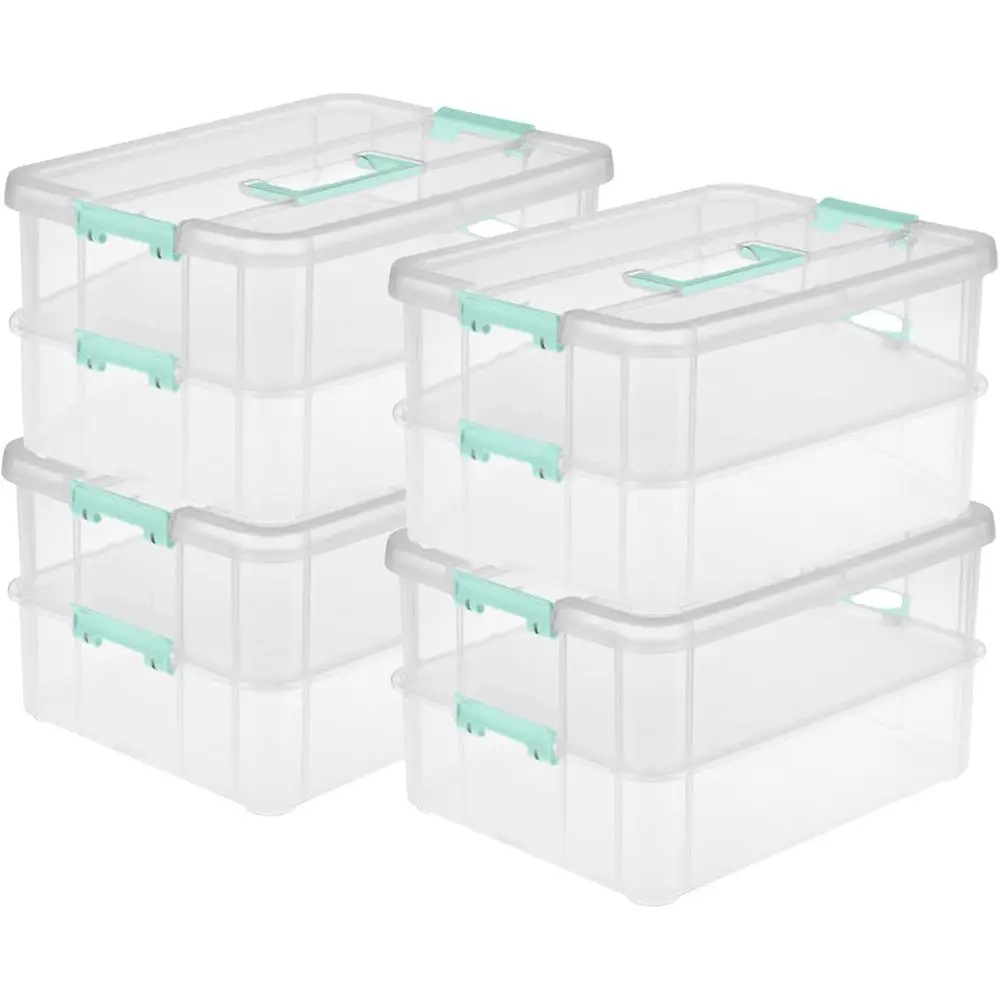 4-Pack Stack & Carry, 2 Layer Handle Box or Home & Oice Storage - Clear Base & Lid with Color es, Organizer or Art & Crat Suppli