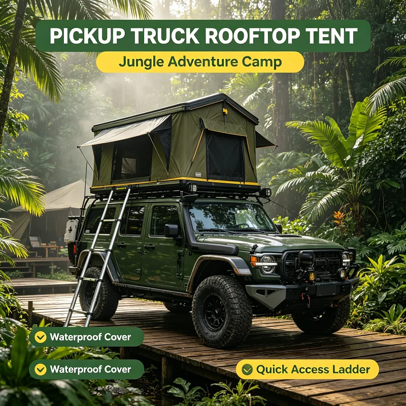 Rooftop Tent for Truck with Pop Up Hard Shell, Reinforced Side Awning Frame, Overland Camper Shell for Bed Mount