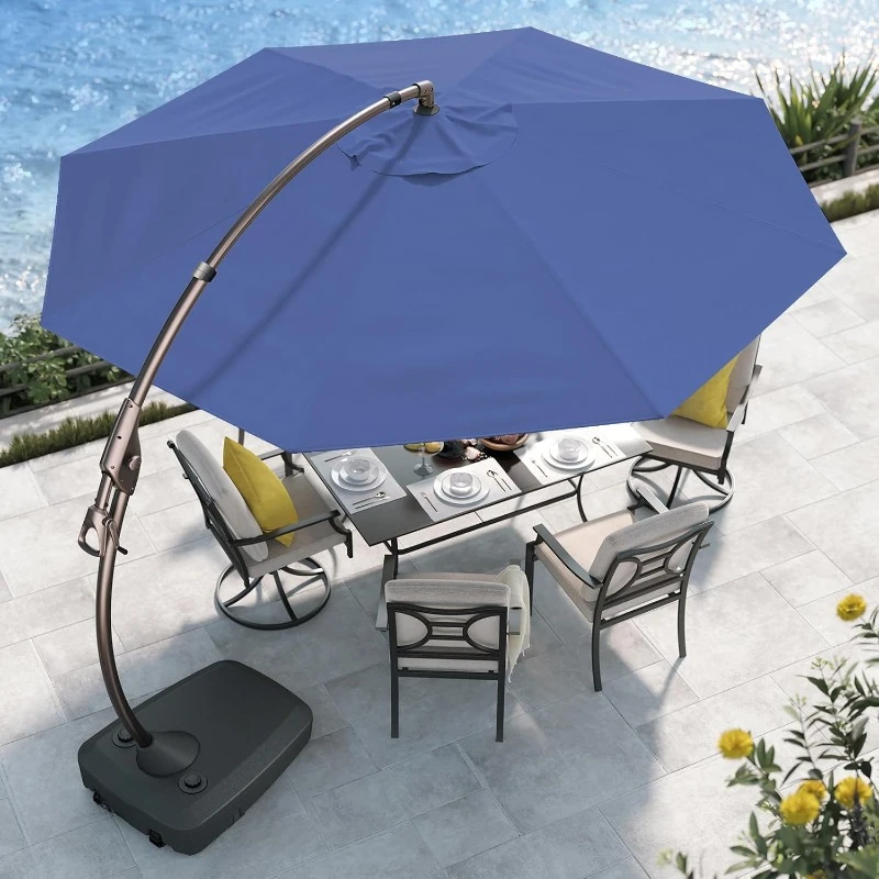 12FT Outdoor Round Offset Umbrella Large Patio Aluminum Cantilever Umbrella with Base & Cover for Garden Deck Poolside