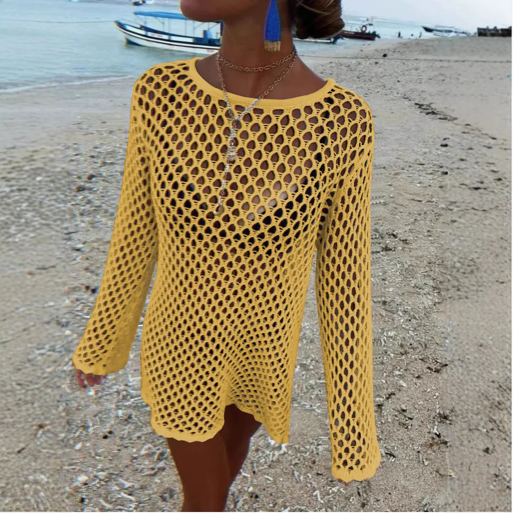 DSMTRC Female Sheer Loose Beach Holiday Mini Dresses Sexy Hollow Out Knit Cover Up Dress Women Summer Splice Knitwear Cover Up