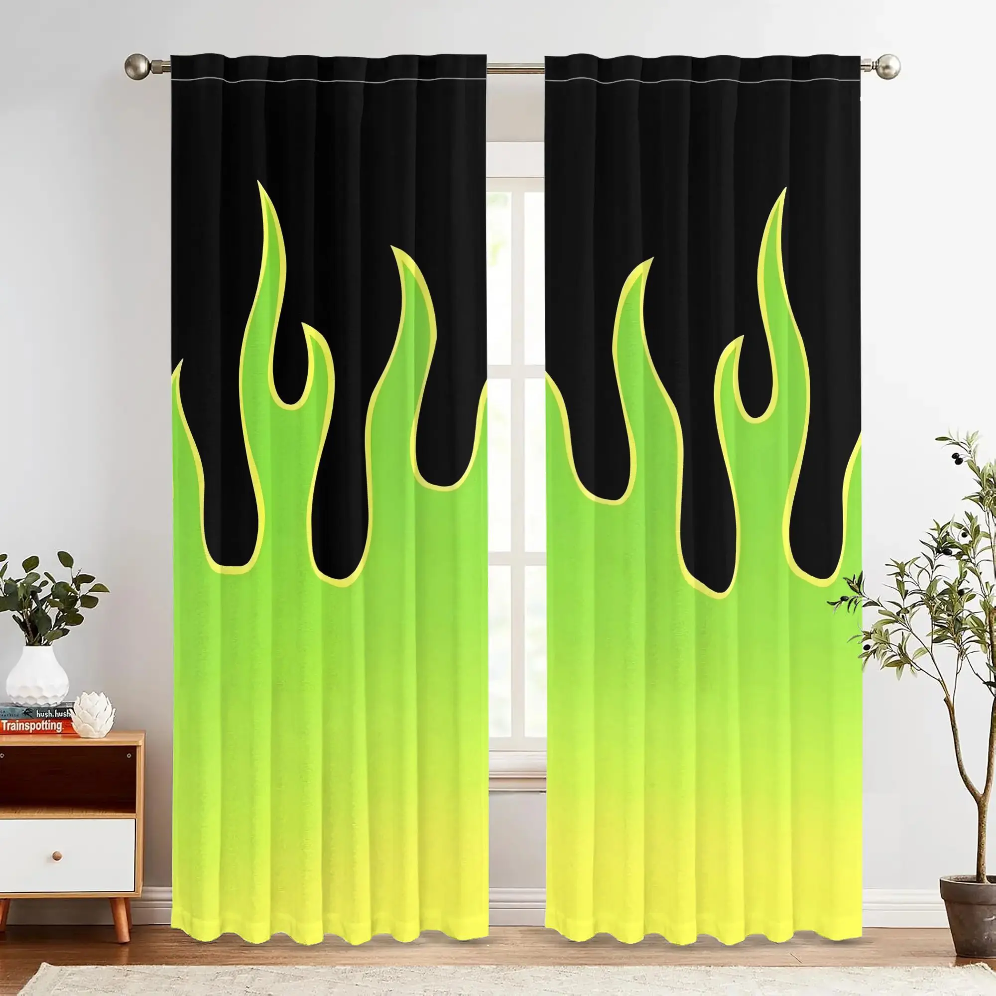 Yellow Green Flame Print Curtains Pair Gradient Tropical Bohemian Window Curtains for Home Living Room Decor