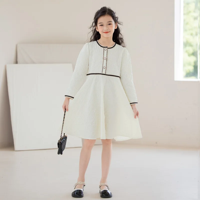 

2024 Korean Spring Autumn School Girl Long Sleeve Dress Teenager Girl Fluffy Embossed One-piece Dress Junior Girl Princess Dress