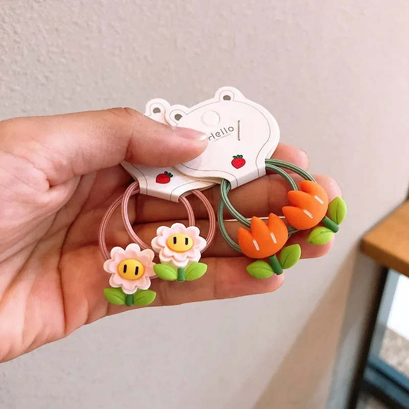 Bandas elásticas para el pelo para niñas, accesorios bonitos para el cabello, 2 piezas, con flores de dibujos animados