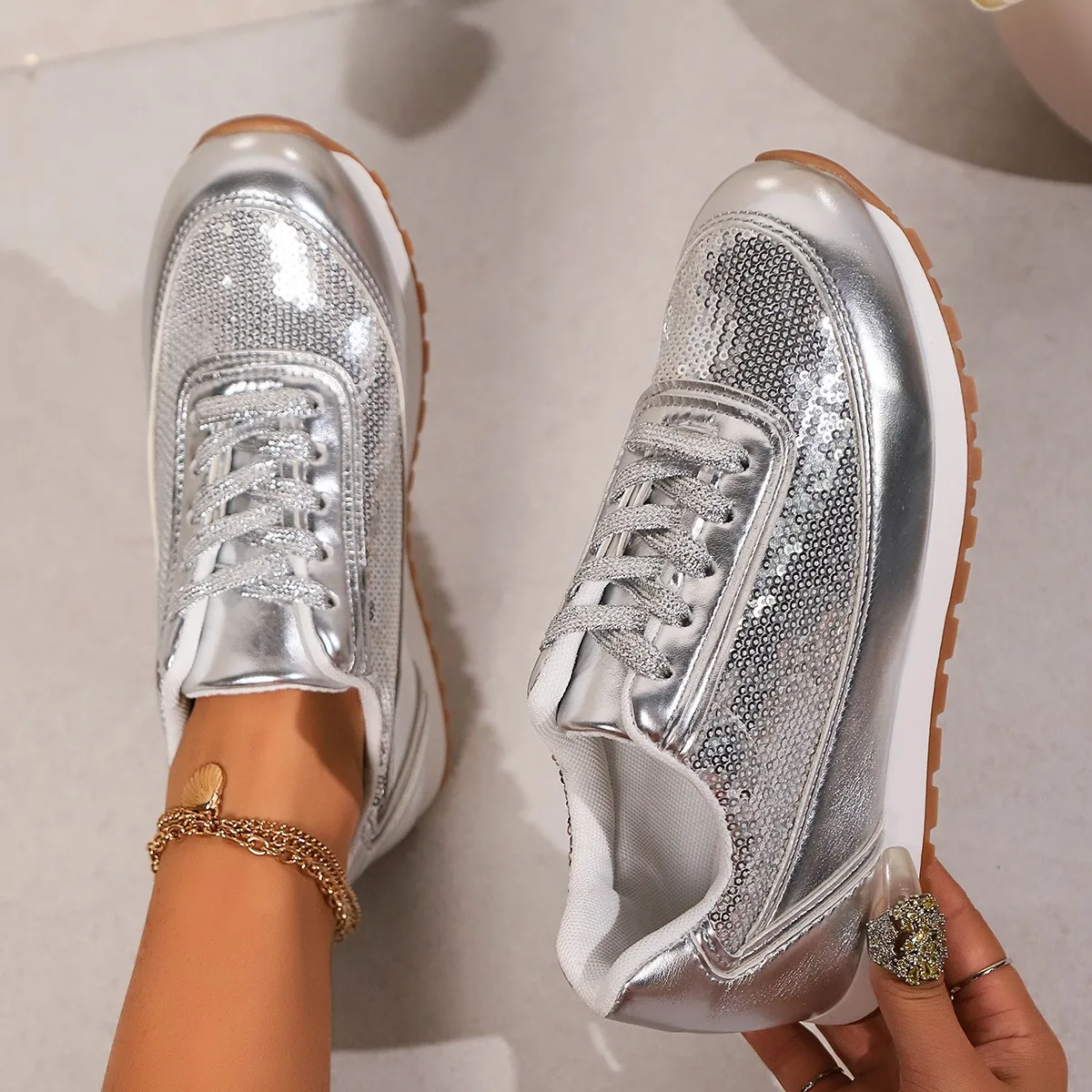 Sequined Sneakers Women Shoes Autumn Platform Non-slip Womens Walking Casual Shoes Silver Breathable Shoes for Women Big Size 43