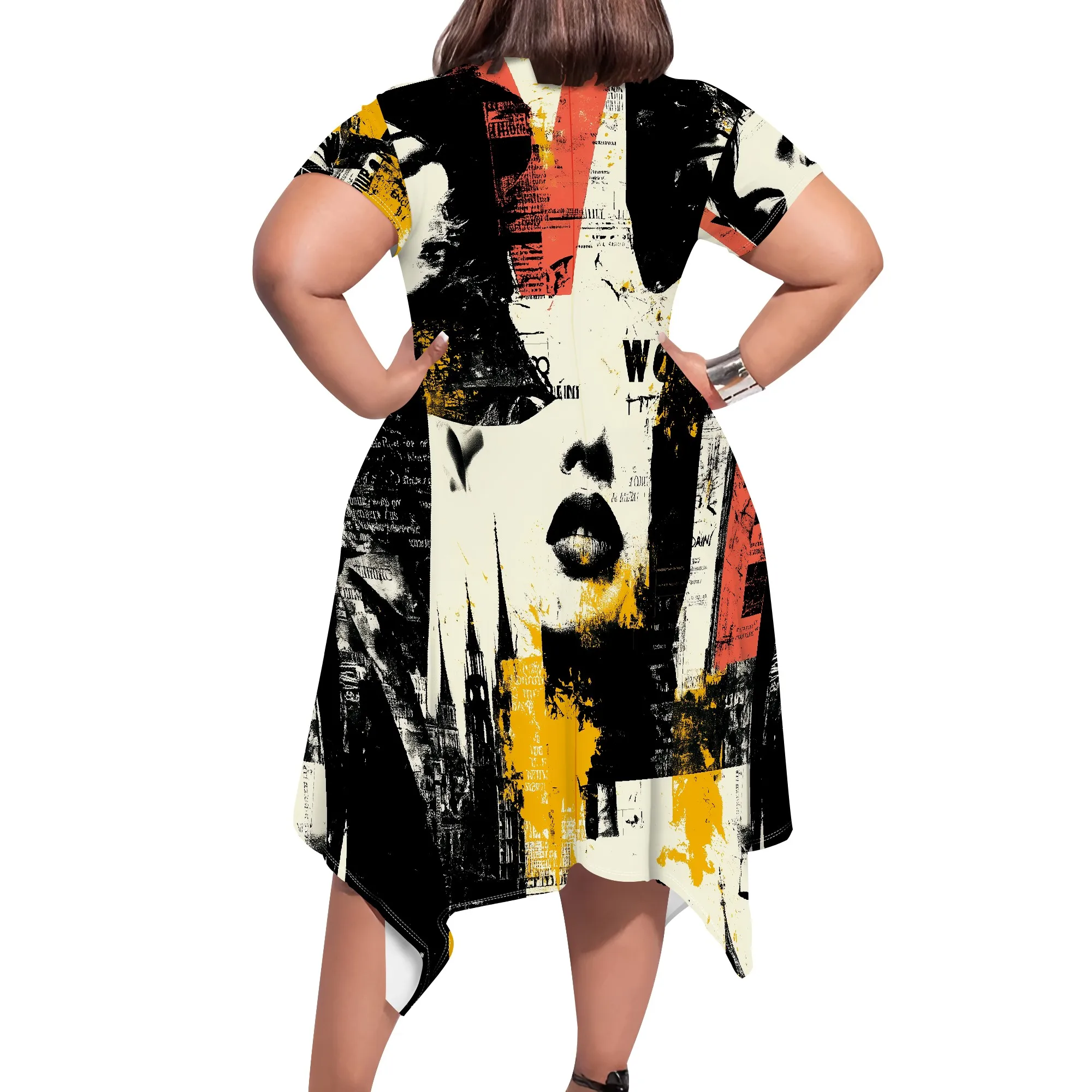 Graffiti Face Print Plus Size Dress XL-6XL Short Sleeve Irregular Hem Style for Art Show, Streetwear or Music Festival Look