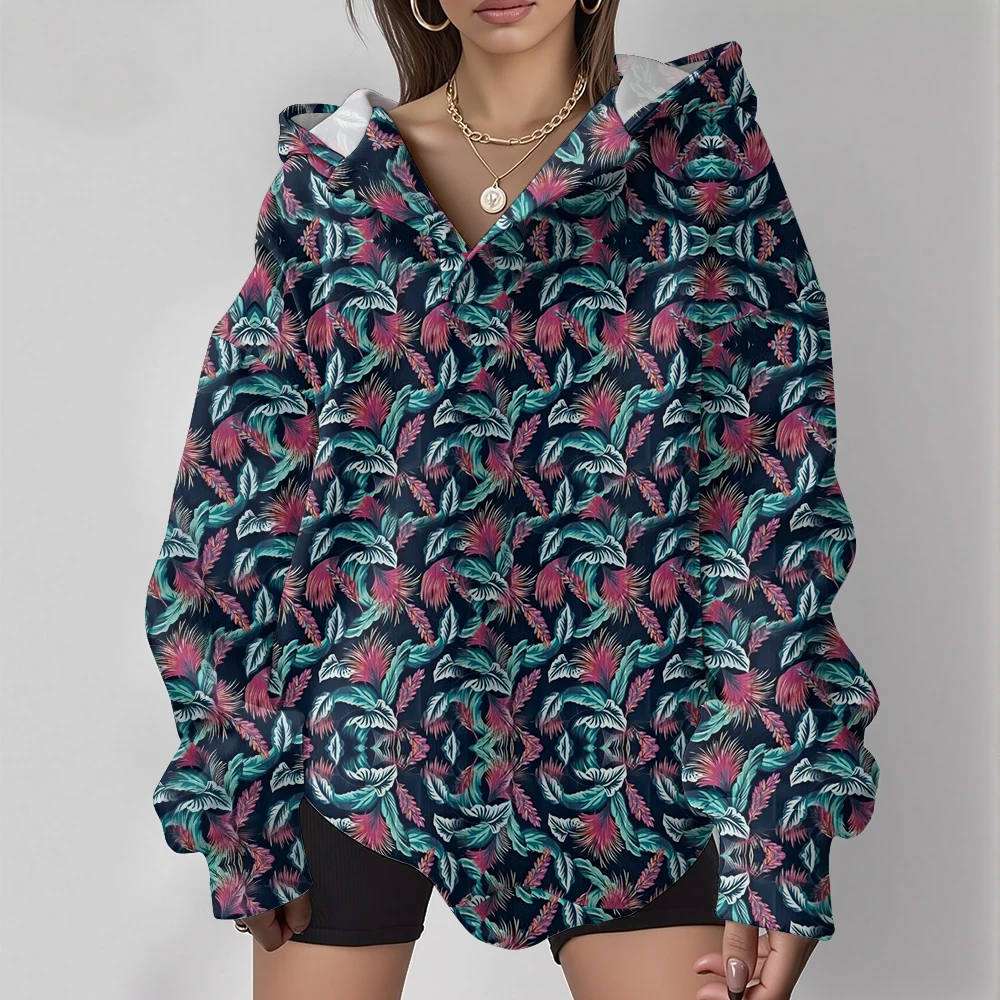 Tropical Print Women's Oversized V-Neck Hoodie Cozy Hawaiian Themed Winter Pullover Floral Leaf Pattern for Vacation & Lounge