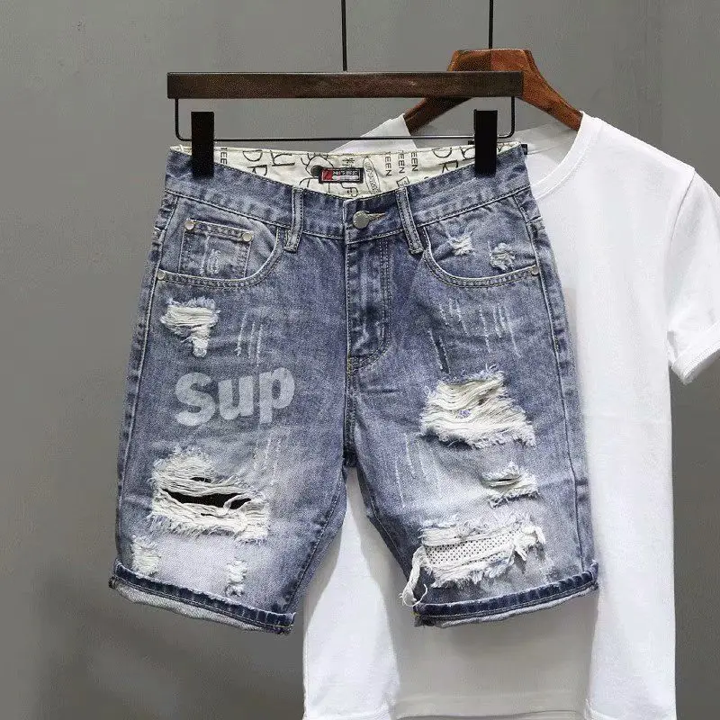 

New Korean Style Clothes Luxury Washed Distressed Boyfriend Men's Casual Summer Denim Jeans Distressed Holes Prints Shorts Male