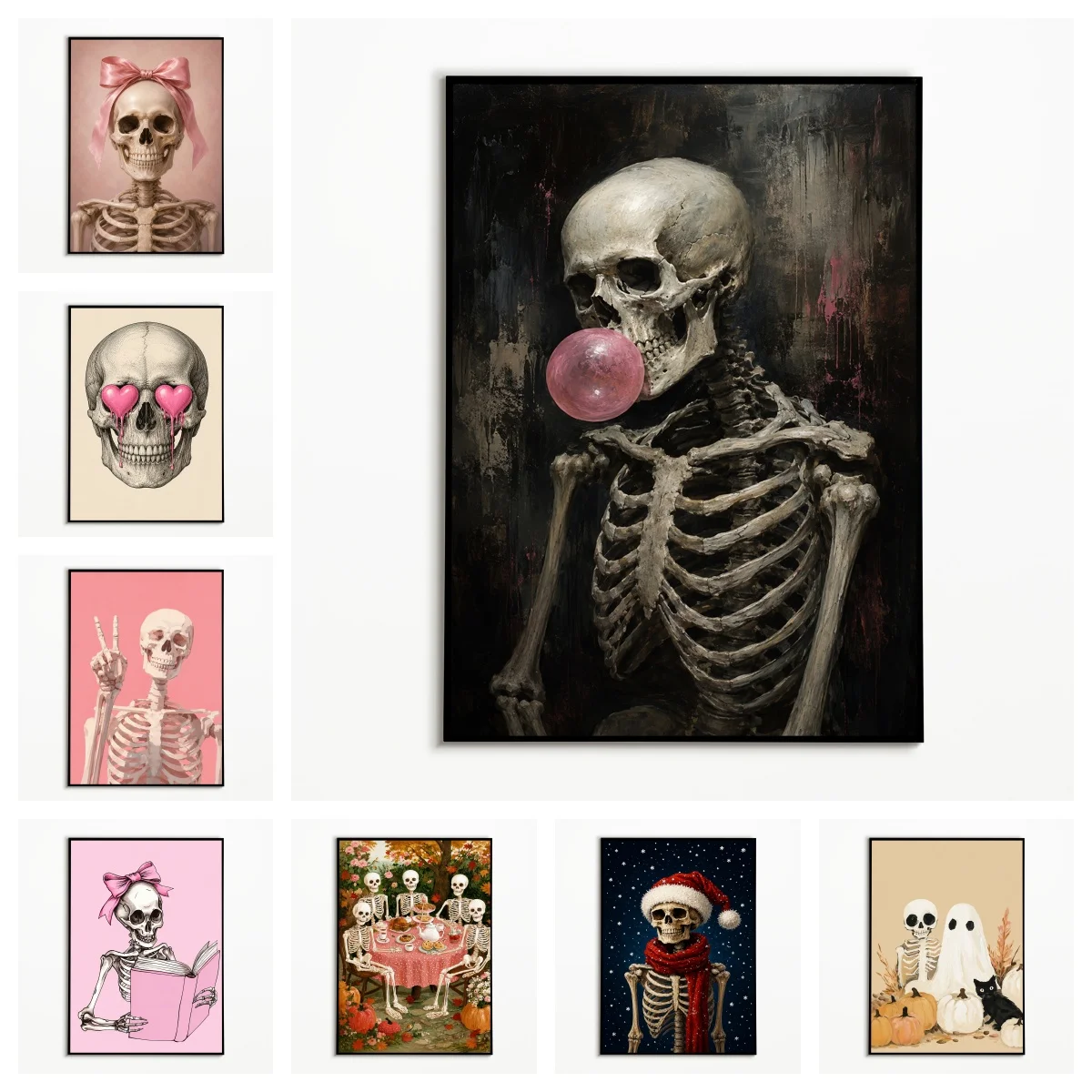 1PC Fun Skeleton Blowing Pink Bubble Gum Poster Autumn Halloween Wall Art  Retro Canvas Printing Festival Gift Fall Wall Decor