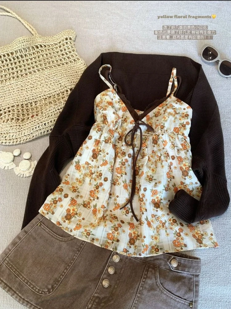 

Модная японская майка с цветочным принтом в стиле Y2K, женский винтажный топ на бретельках, сексуальная майка-слип в стиле Харадзюку, шикарная корейская популярная одежда