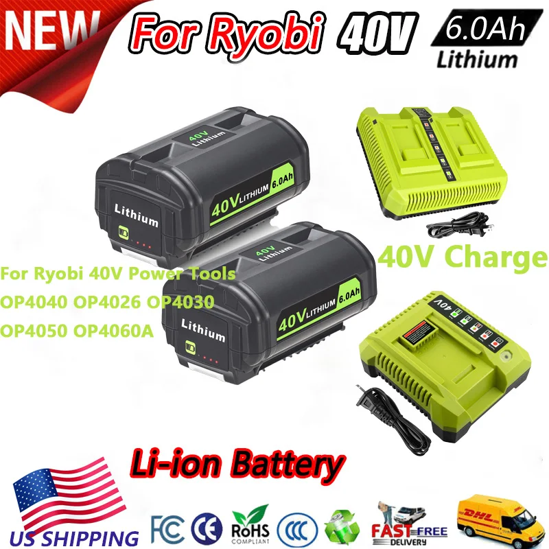 2 Packs 40V Battery Replacement with Dual charge for Ryobi  Compatible for RYOBI 40V Collection Cordless Power Tools