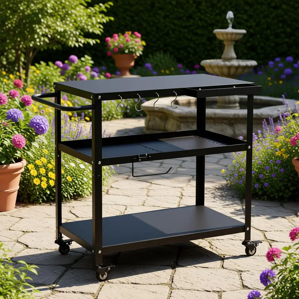 

Versatile Outdoor/Indoor Pizza Oven Table with 4 Lockable Casters, Hooks, and Side Handle (Black)
