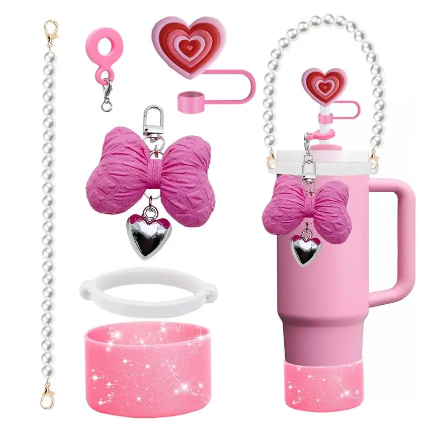 

Аксессуары для чашек, включая ручку для бутылки с водой, ремешок с бантом, брелок для ключей, подвески в форме сердца, соломенный топпер, крышка, силиконовая чашка, чехол для чашки