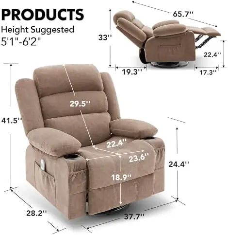 Rocker Recliner Chair with Heat & Massage, 360° Swivel, Oversized Single Sofa Seat (Brown)