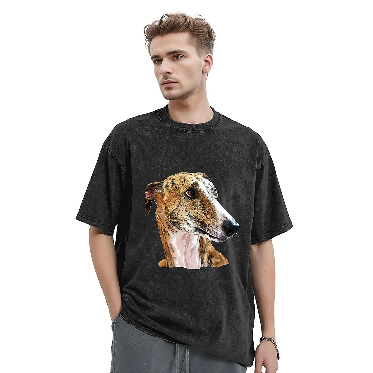 Greyhound Washed T Shirt Man Brindle Beauty Streetwear Loose T Shirts Crew Neck Fashion Tee Shirt Custom Logo Oversized Tops