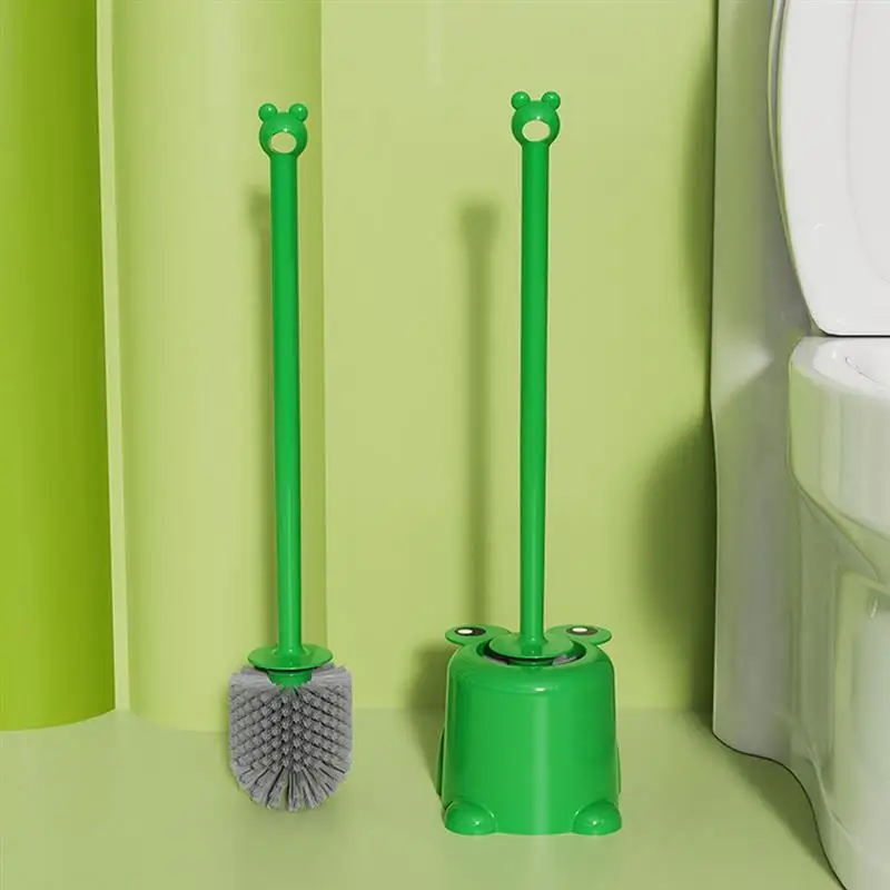 Plastic Soft Bristles Cleaning Brushes Green Frog Toilet Brush Creative Long Handle Brush with Base Brush bathroom accessories