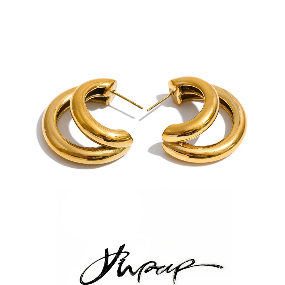 Yhpup Edelstahl-Ohrringe in C-Form mit doppelter Schicht, 18 Karat Gold, PVD-beschichtet, für den Alltag, minimalistischer, hochwertiger Modeschmuck