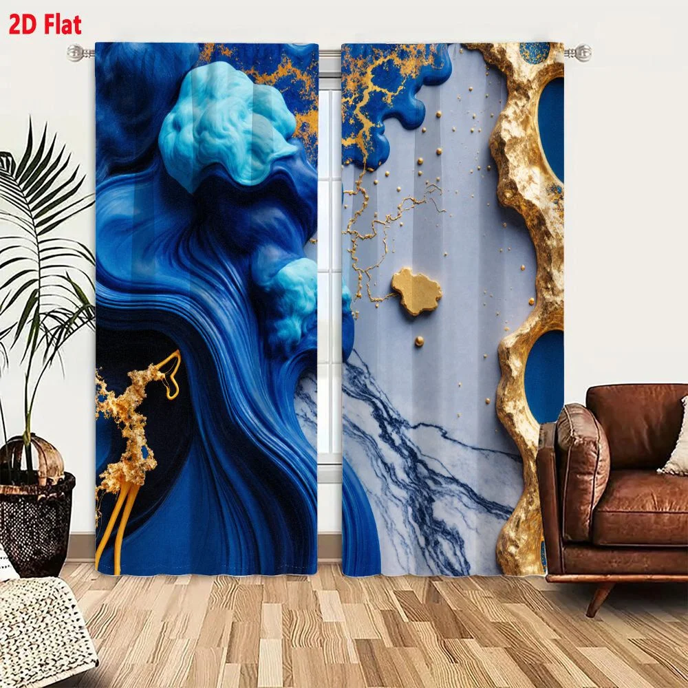 2Pcs Curtains 2D Flat Abstract Artistic Composition With Flowing Blue Liquid Forms Golden Elements And Marbled Background Window