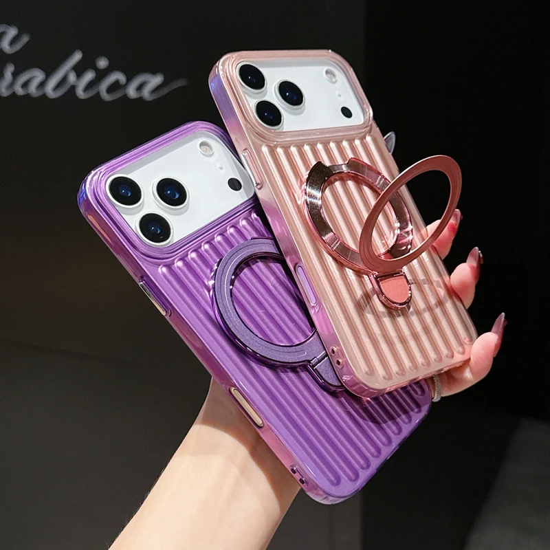 Luxury Striped Ring Holder Magnetic Phone Case for IPhone 17Air 14 15 16 Plus 11 12 13 16 17 Pro Max Stand Shockproof Soft Cover