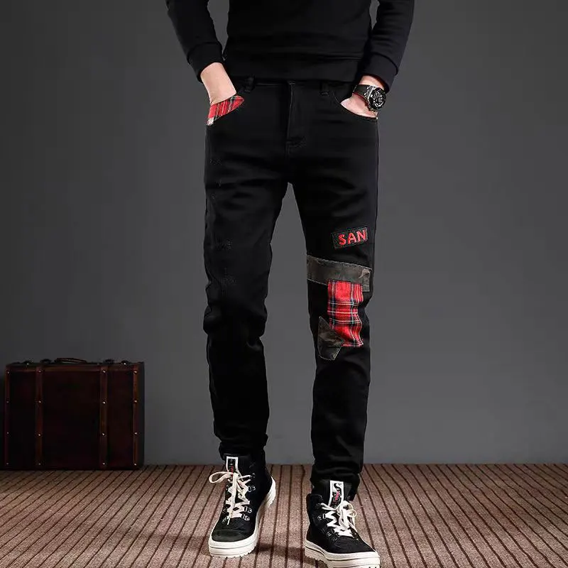 

Street Fashion Men Jeans Black Stretch Skinny Fit Vintage Ripped Jeans Men Patched Designer Hip Hop Denim Pencil Pants Hombre