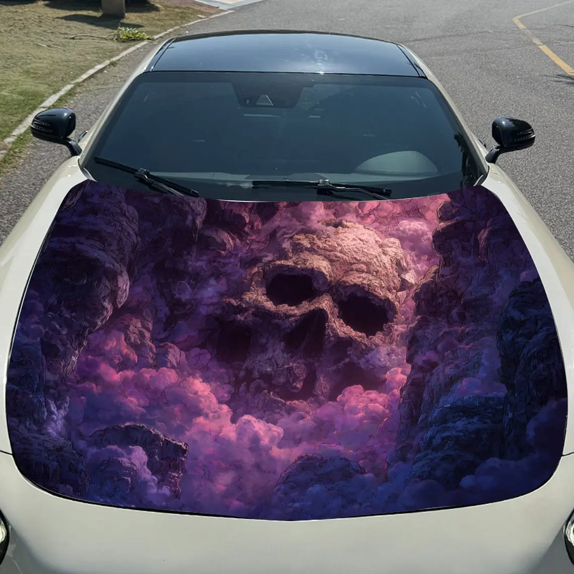Purple Skull Smoke  Car Hood Sticker PVC Self Waterproof Stick, Striking Auto Exterior Accessories Decor Protect Gift for Lover