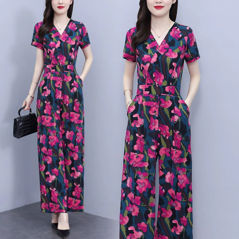 Faionable Floral Print Breite Bein Overall Set frauen Sommer Dünne Sle Abnehmen Hosenanzug Hohe Taille Koreanische Sle